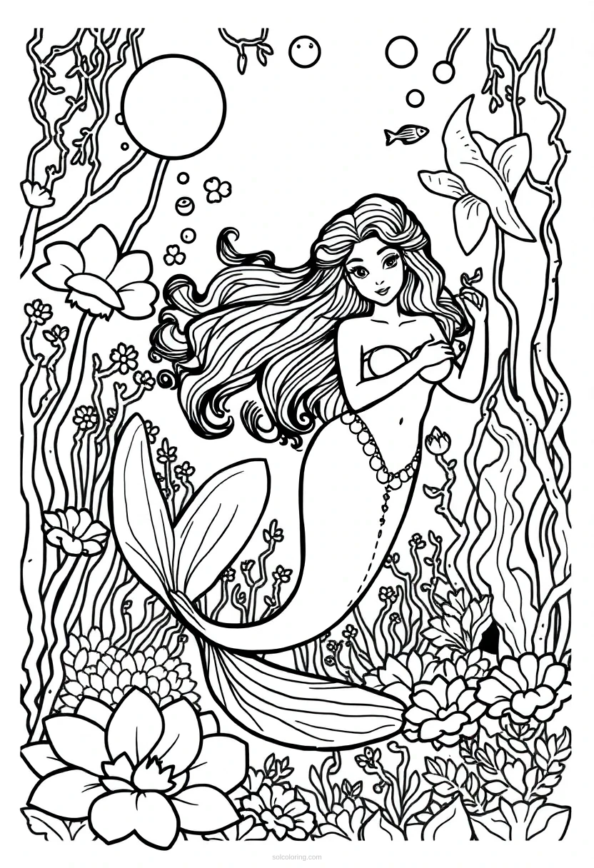 Mermaid in Underwater Garden coloring page for kids