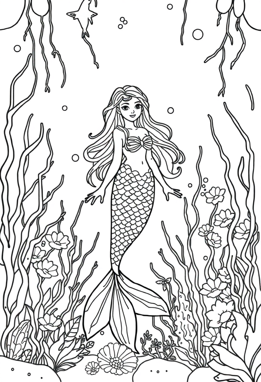 Detailed mermaid coloring page showing mermaid surrounded by underwater plants, coral, and sea garden elements