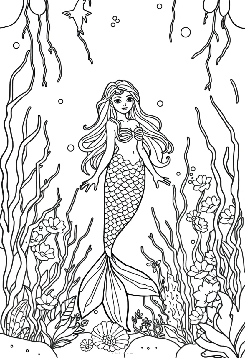 Mermaid in Underwater Garden coloring page for kids