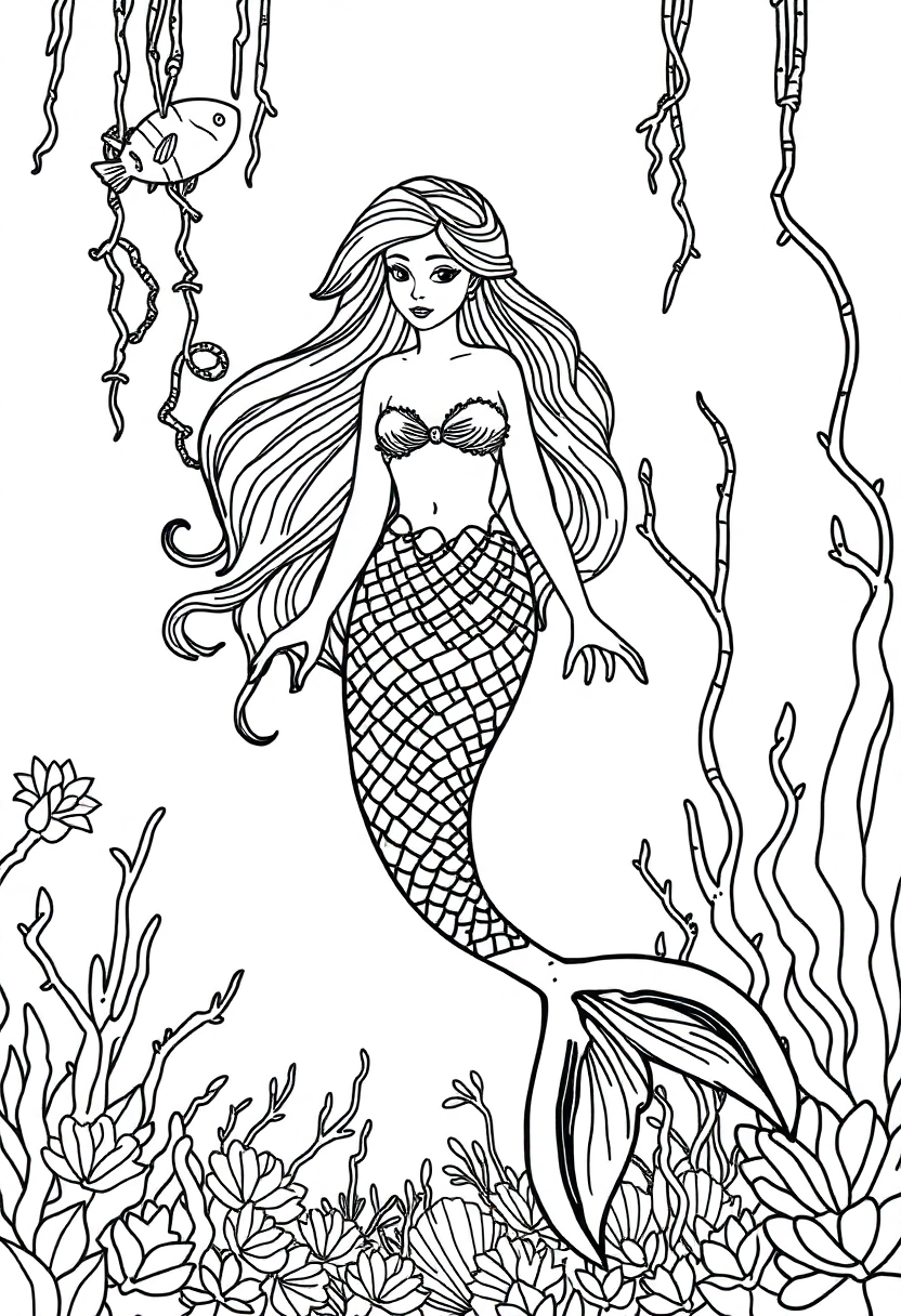 Mermaid in Underwater Garden coloring page, free printable