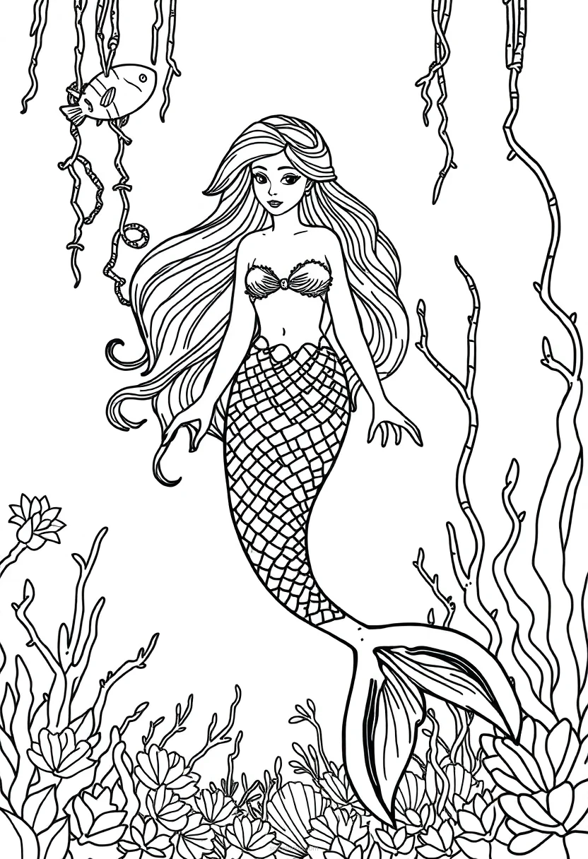 Mermaid in Underwater Garden coloring page for kids