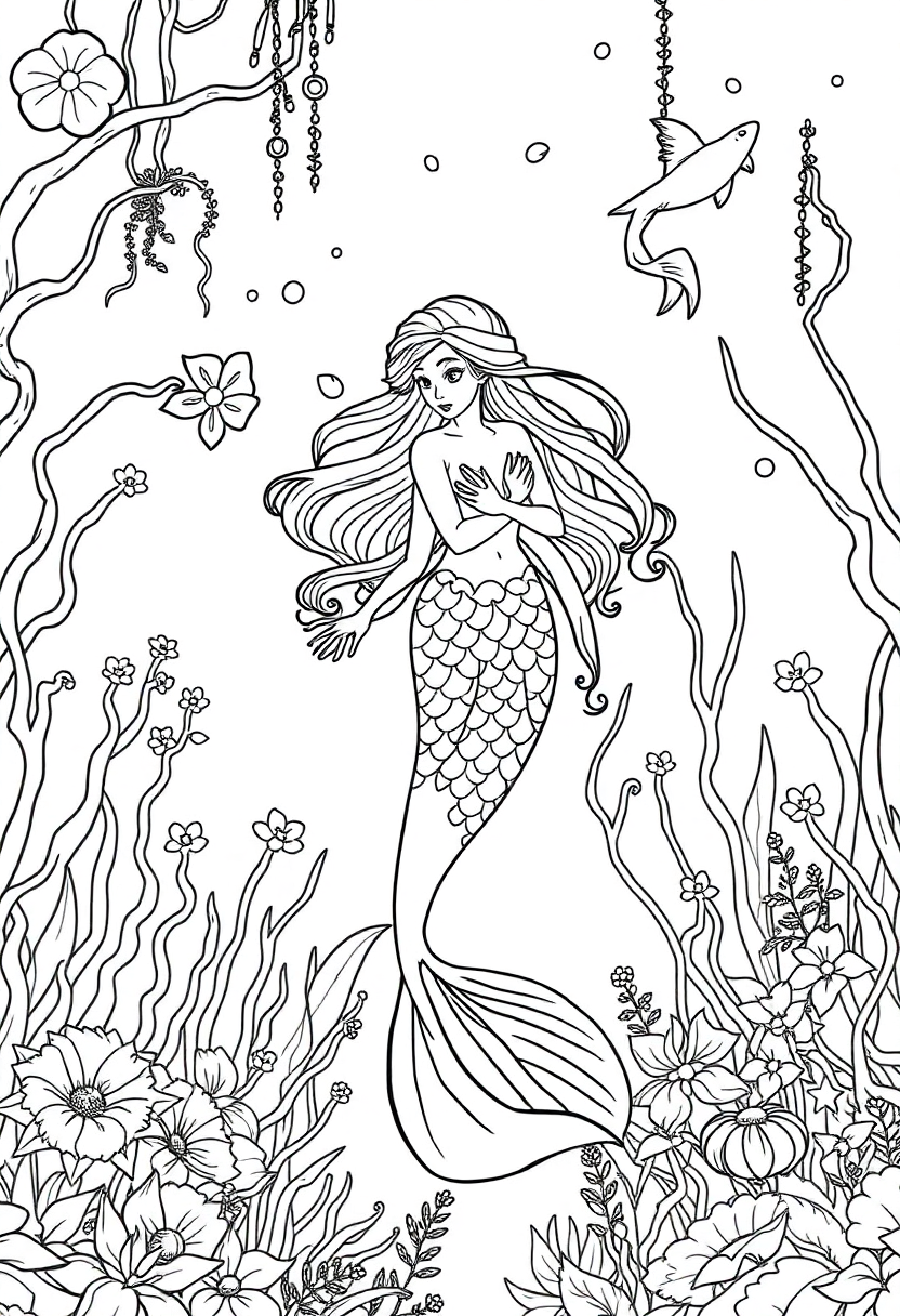 Mermaid In Underwater Garden coloring pages