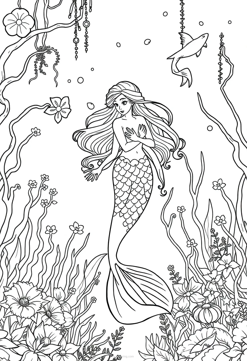 Mermaid In Underwater Garden coloring pages