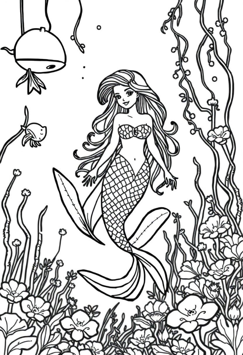 Mermaid in Underwater Garden coloring page, free printable