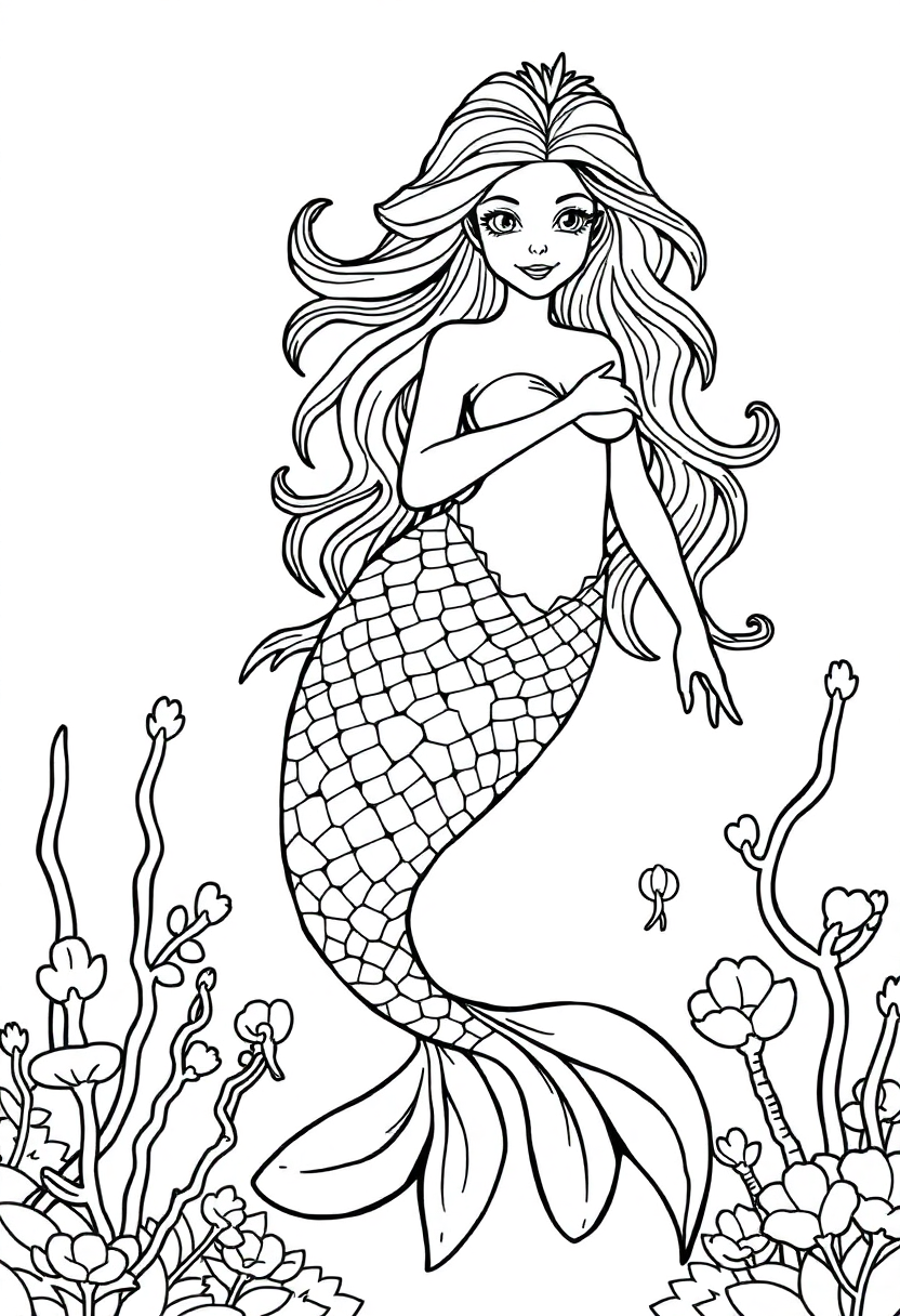 Mermaid coloring page, free printable