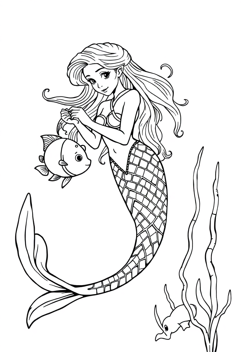 Mermaid Playing with Fish coloring page, free printable