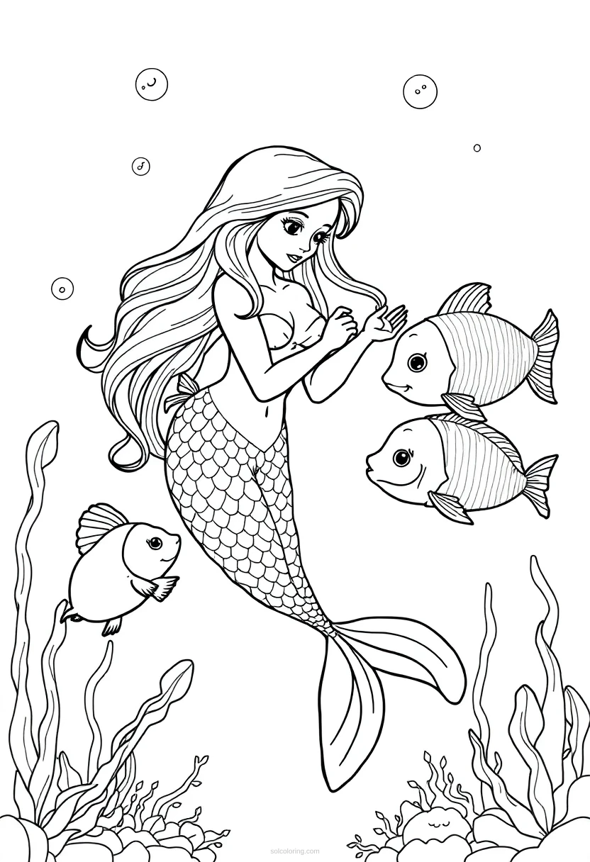 Mermaid Playing with Fish coloring page for kids
