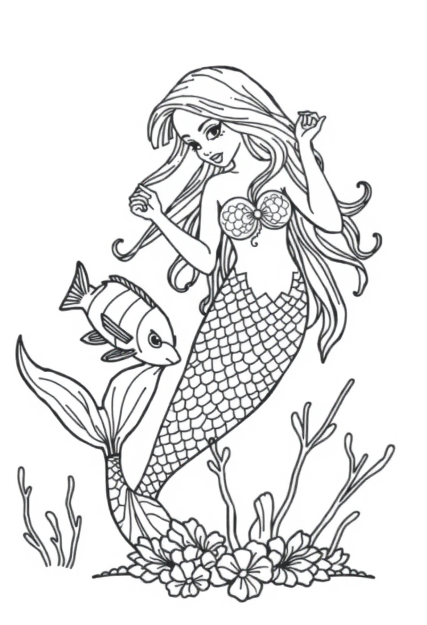 Mermaid Playing with Fish coloring page, free printable