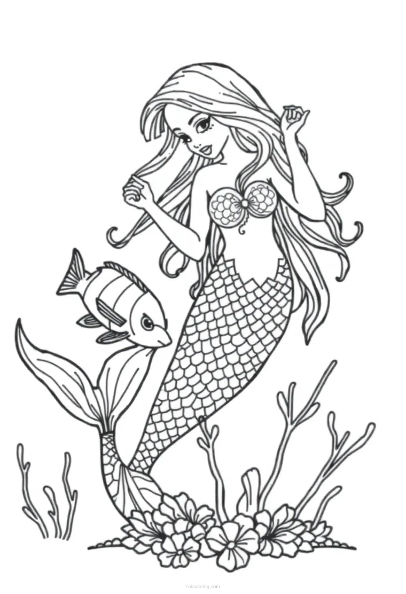 Mermaid Playing with Fish coloring page for kids