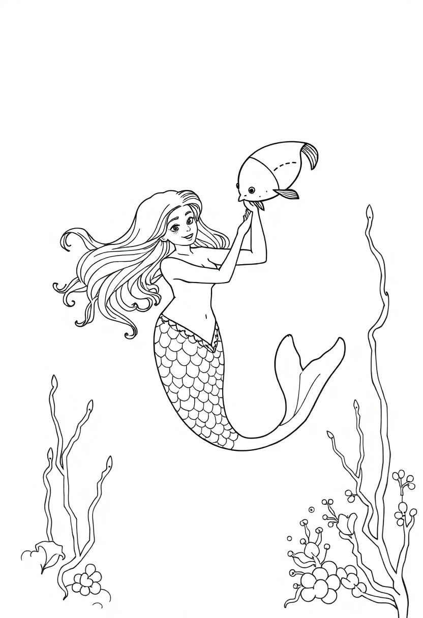 Mermaid Playing with Fish coloring page, free printable