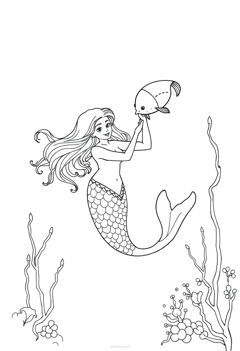 Mermaid Playing with Fish coloring page for kids