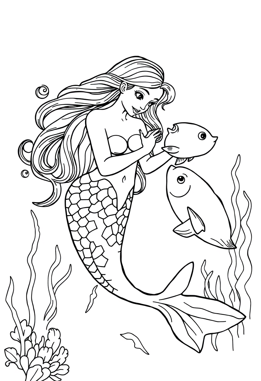 Mermaid Playing with Fish coloring page, free printable