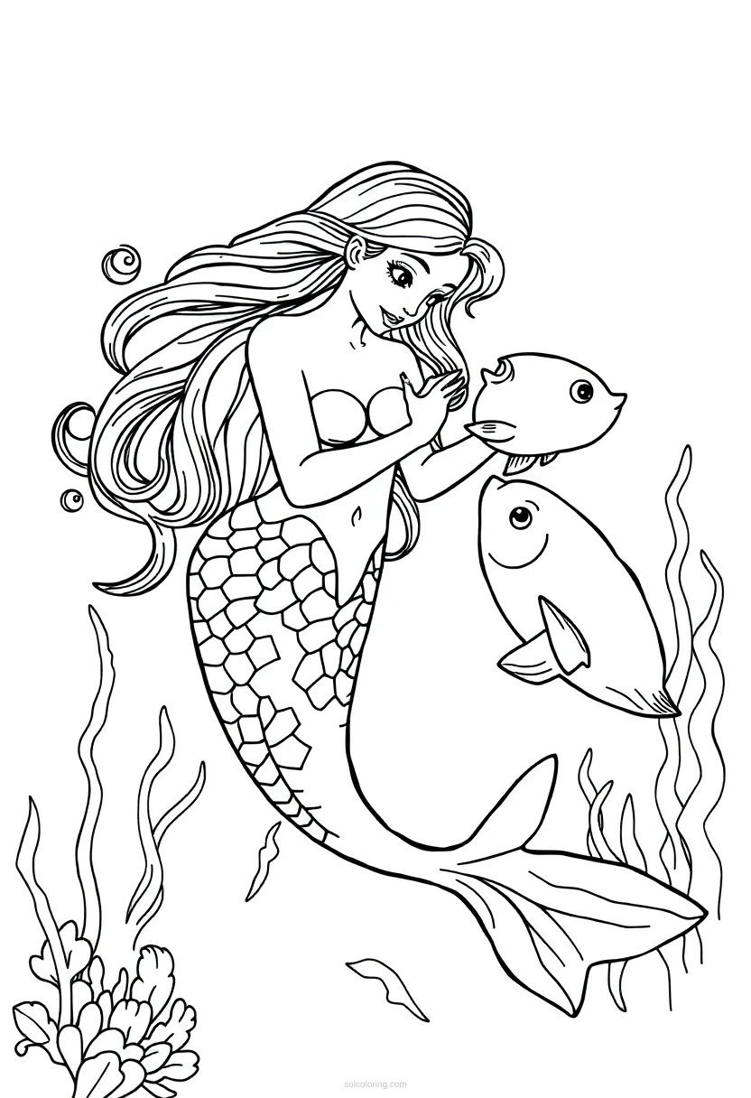 Mermaid Playing With Fish coloring pages
