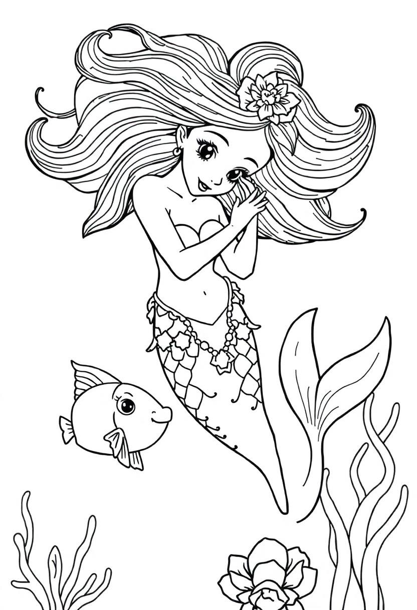 Mermaid Playing with Fish coloring page, free printable