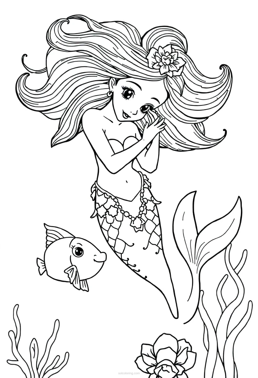 Mermaid Playing with Fish coloring page for kids