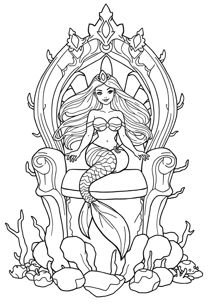 Mermaid Princess on Coral Throne coloring page, free printable