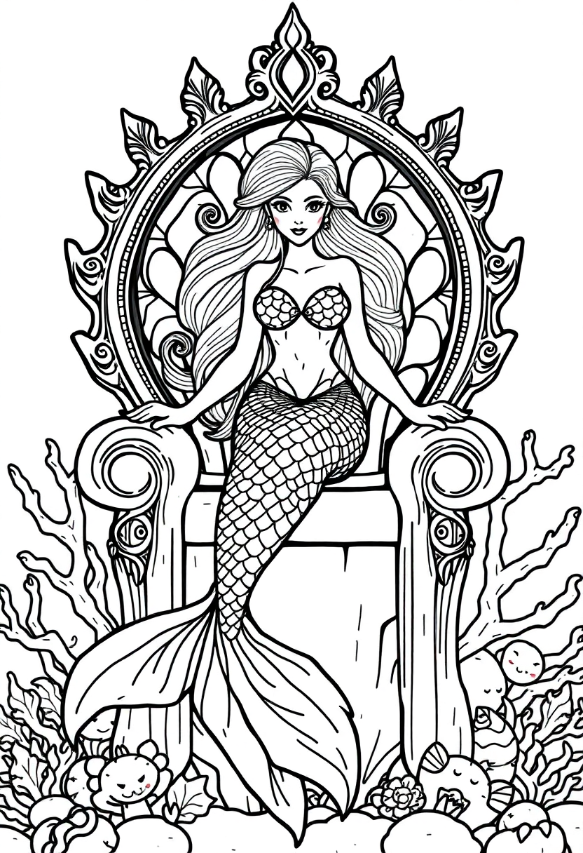 Mermaid Princess on Coral Throne coloring page, free printable