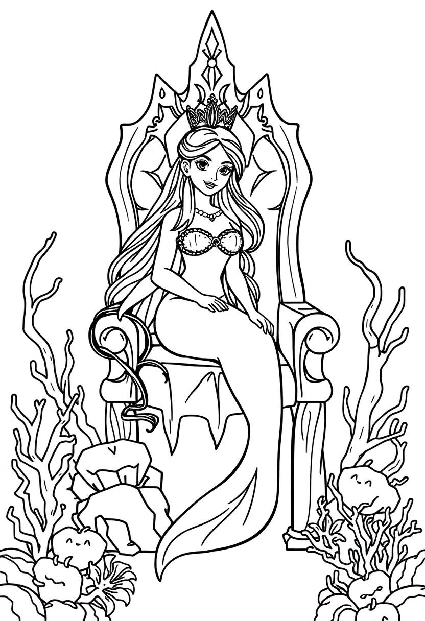 Detailed mermaid princess coloring page showing elegant mermaid on ornate coral throne with seaweed and ocean flowers