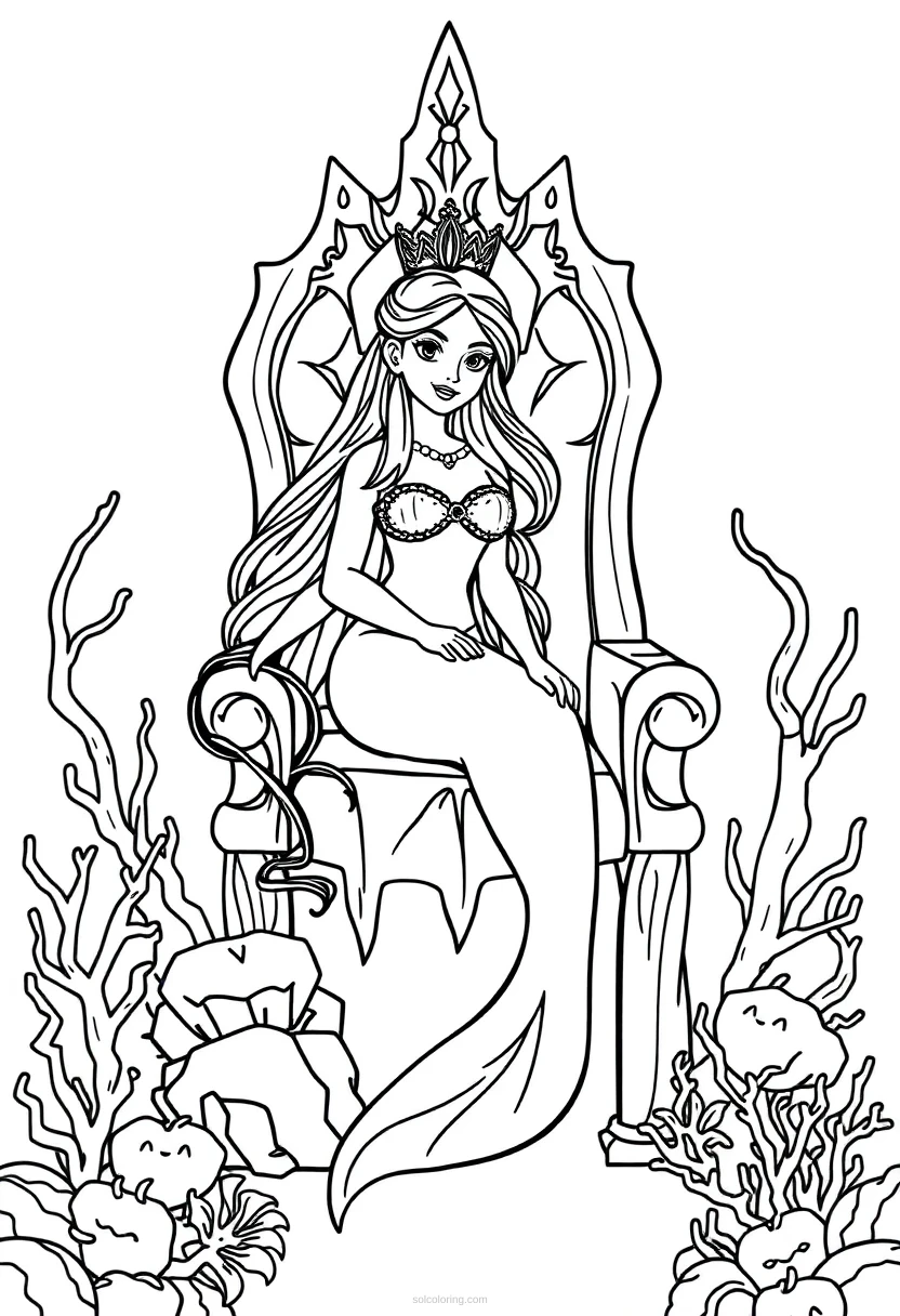 Mermaid Princess on Coral Throne coloring page for kids