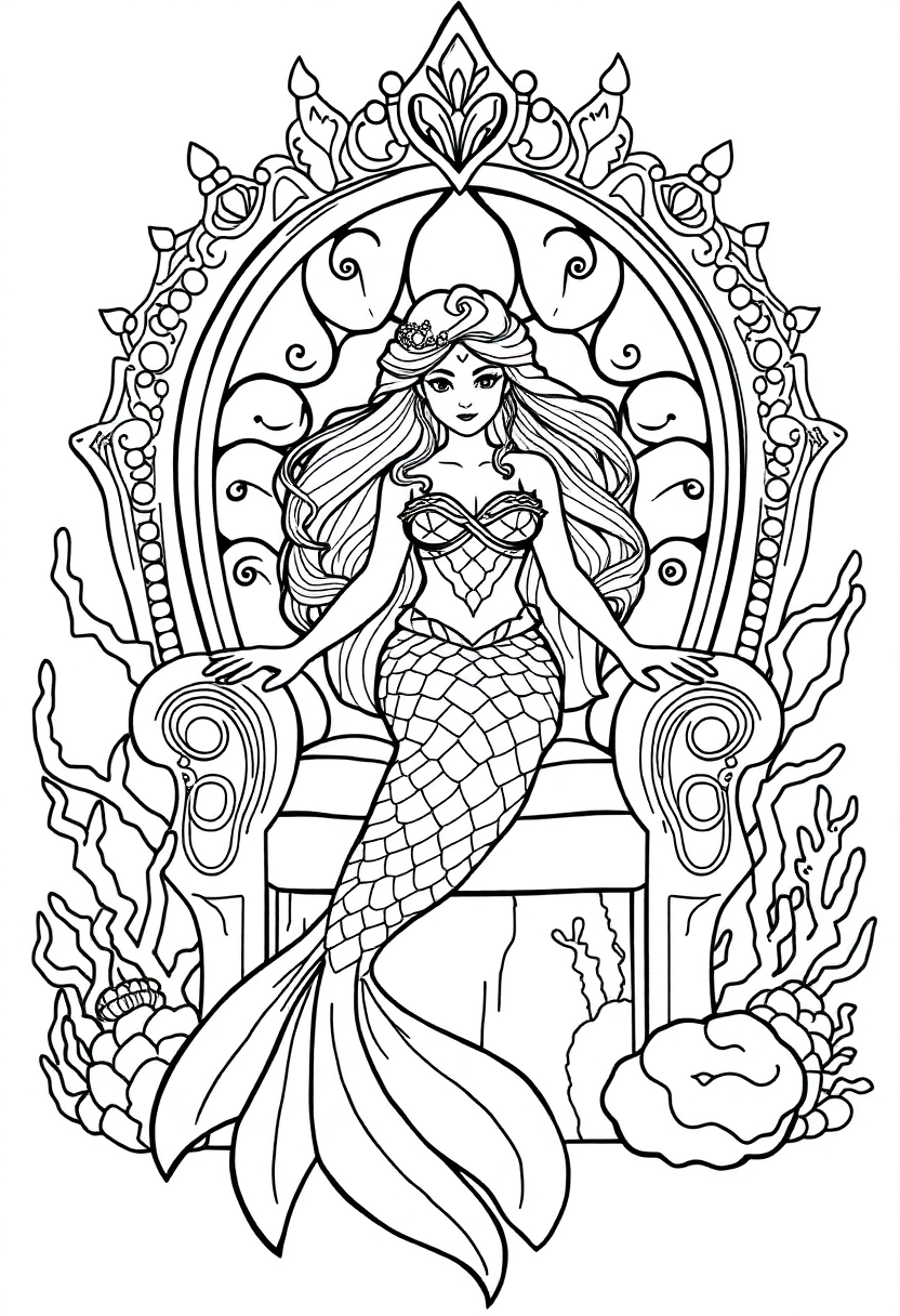 Mermaid Princess on Coral Throne coloring page, free printable