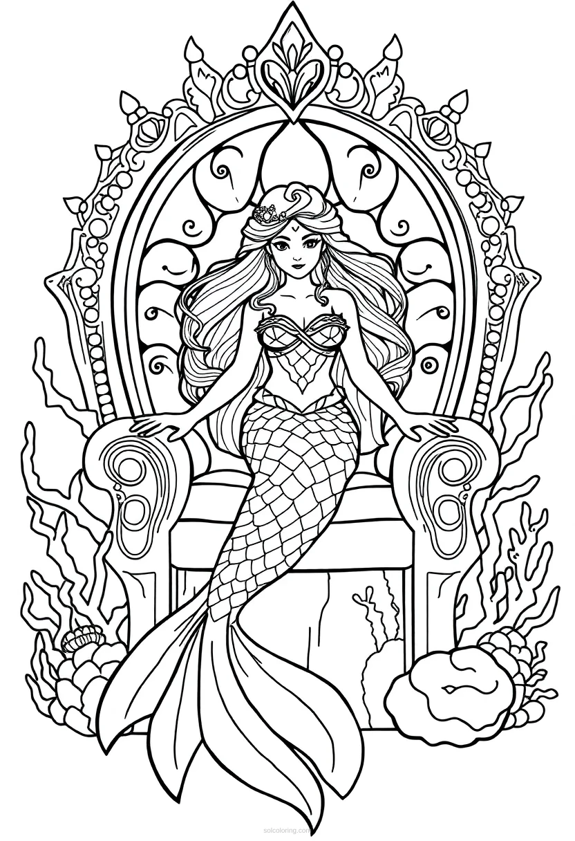 Mermaid Princess on Coral Throne coloring page for kids