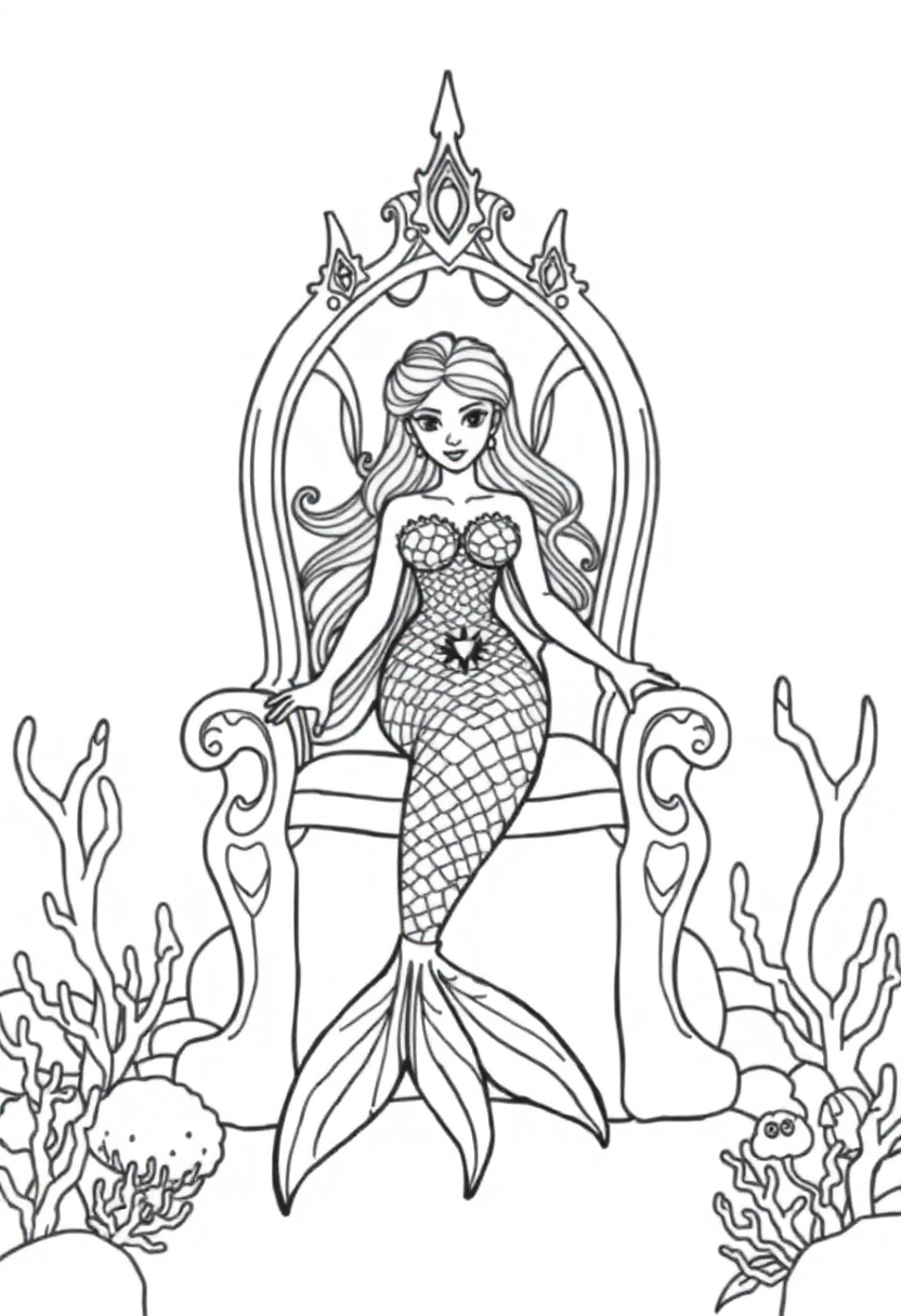 Mermaid Princess On Coral Throne coloring pages