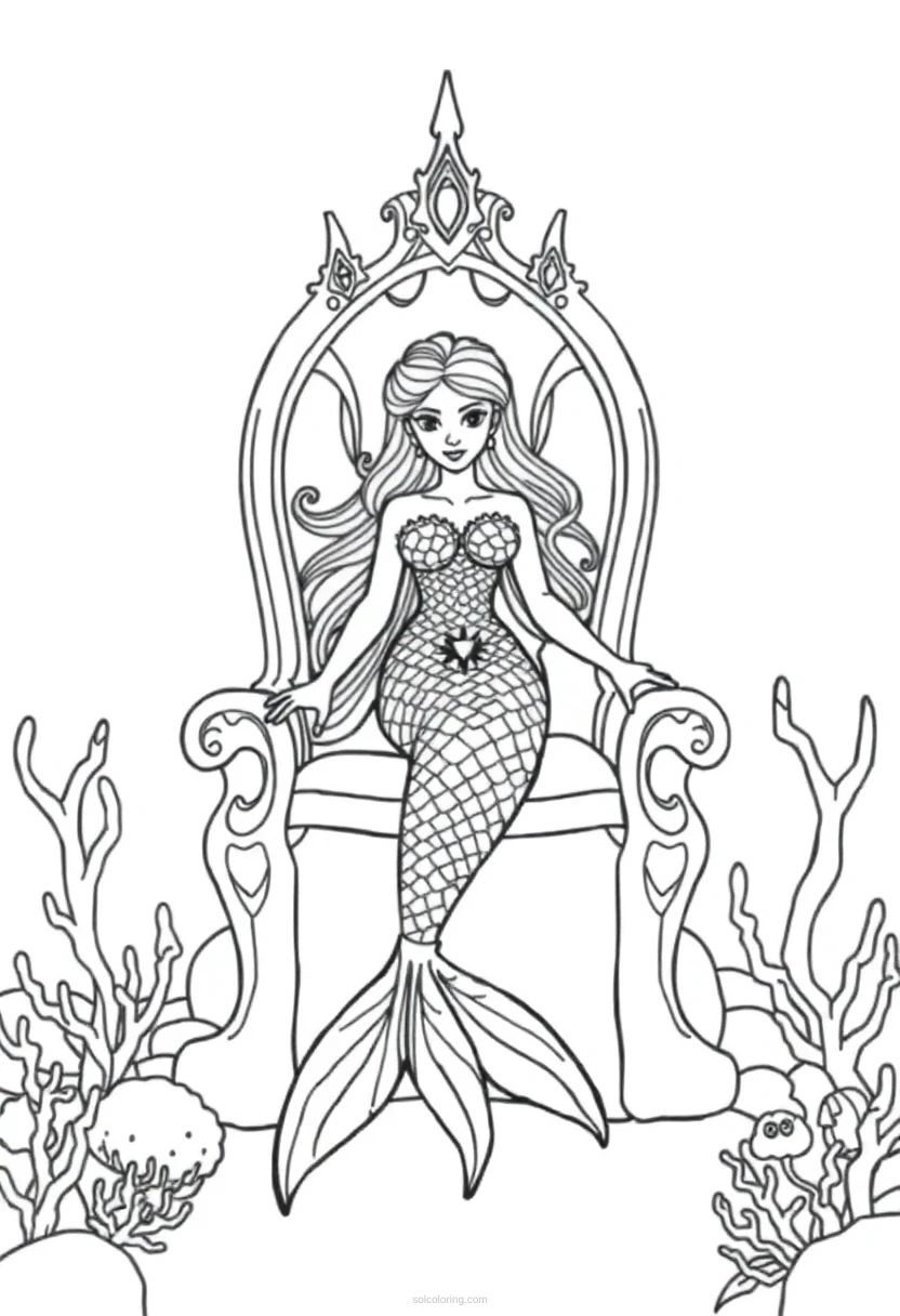 Mermaid Princess On Coral Throne coloring pages