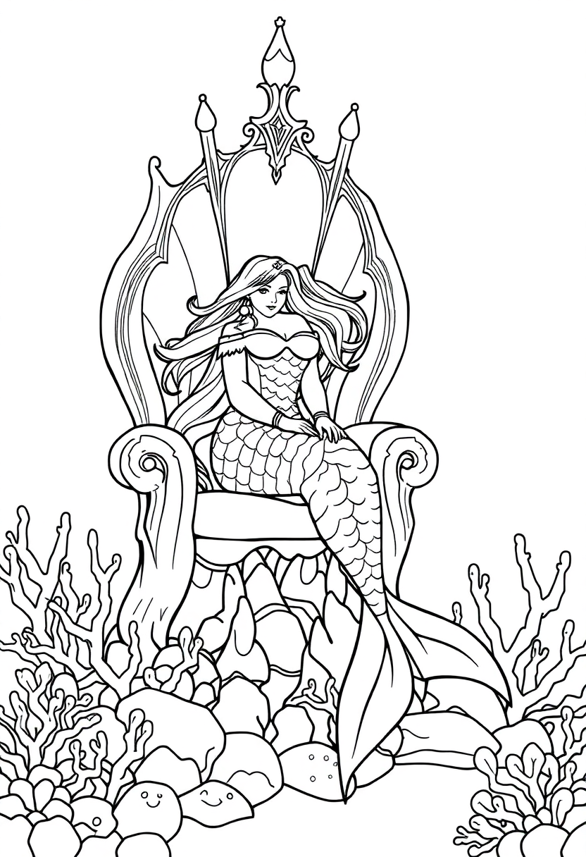 Mermaid Princess on Coral Throne coloring page, free printable