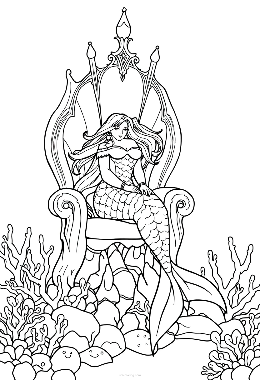 Mermaid Princess on Coral Throne coloring page for kids