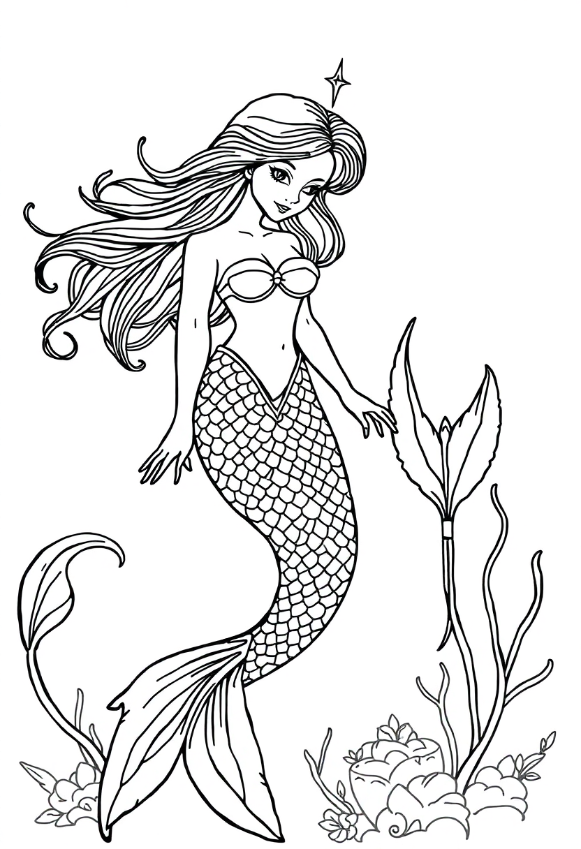 Mermaid coloring page, free printable