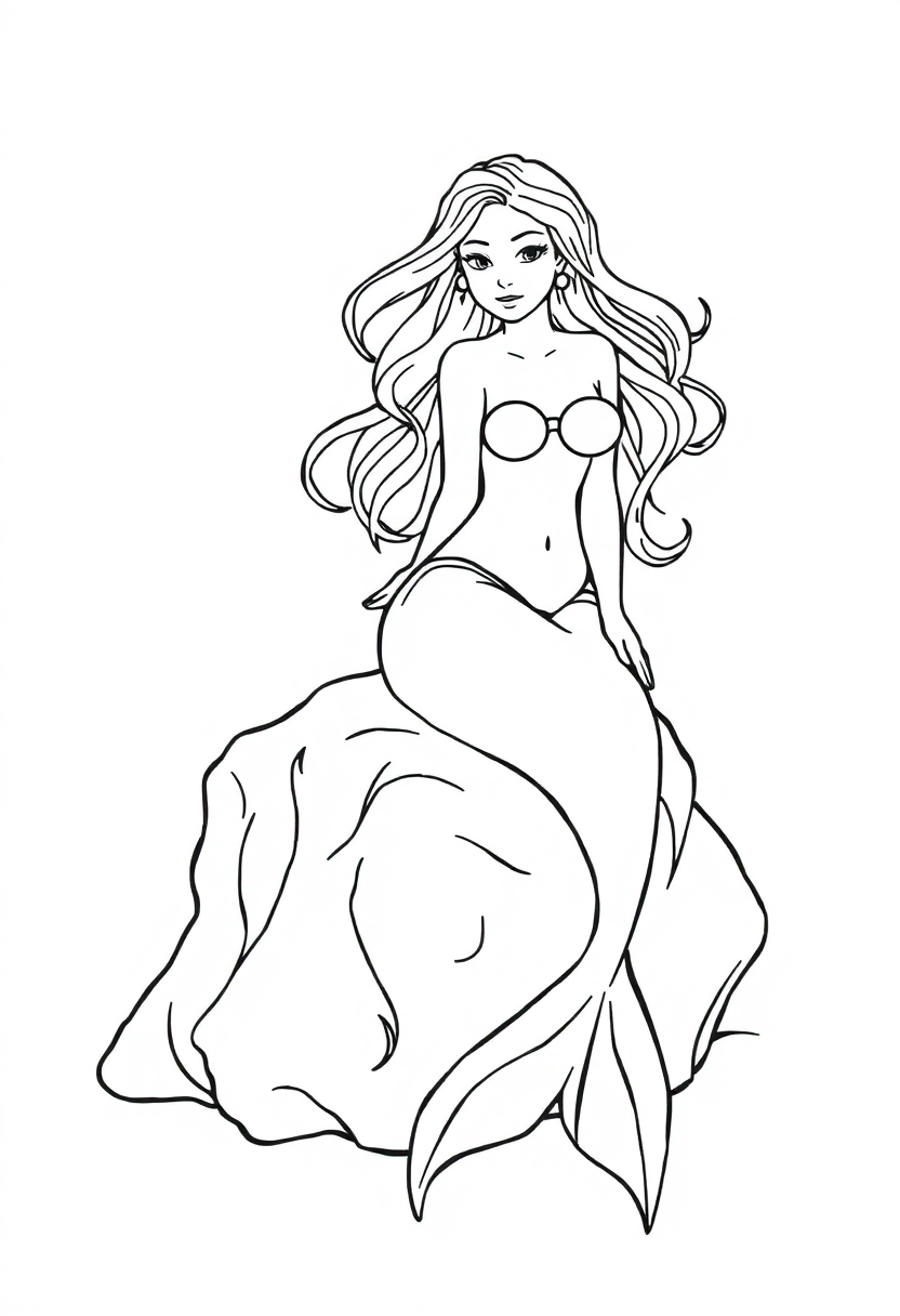 Mermaid Sitting on Ocean Rock coloring page, free printable