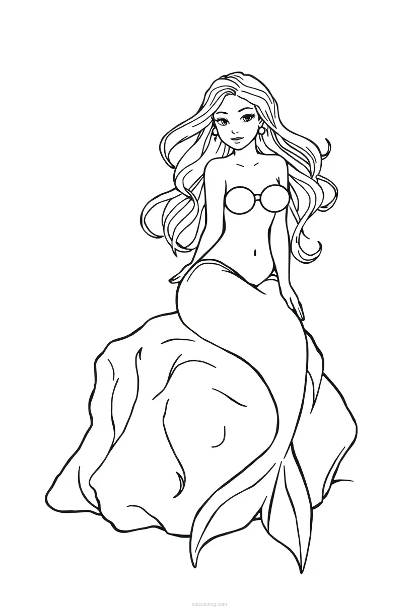Mermaid Sitting on Ocean Rock coloring page for kids