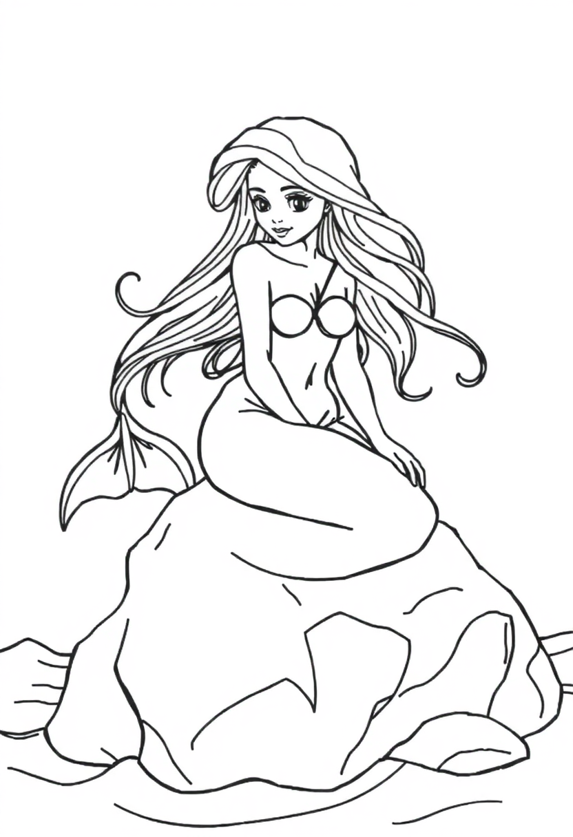 Mermaid Sitting on Ocean Rock coloring page, free printable
