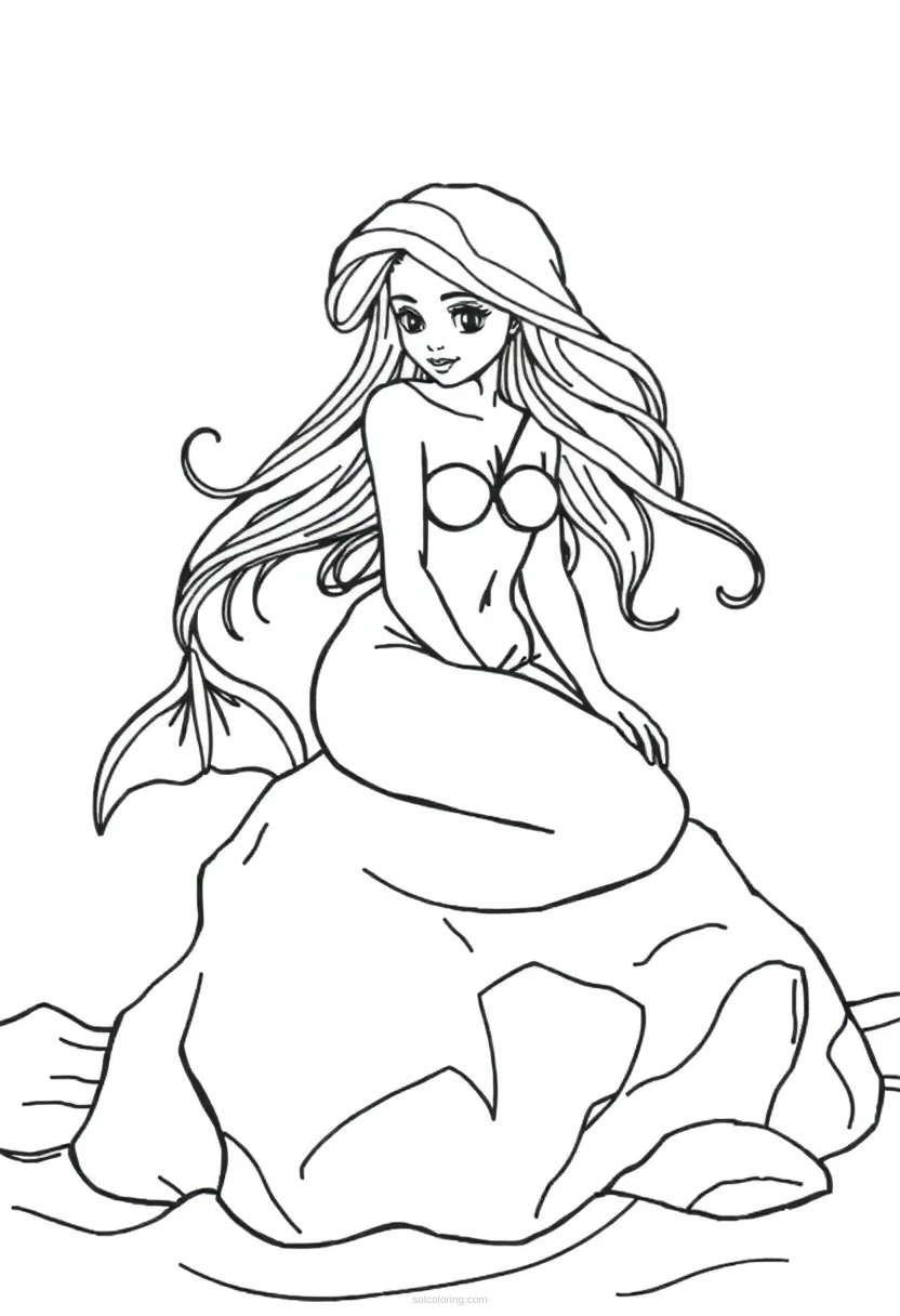 Mermaid Sitting on Ocean Rock coloring page for kids