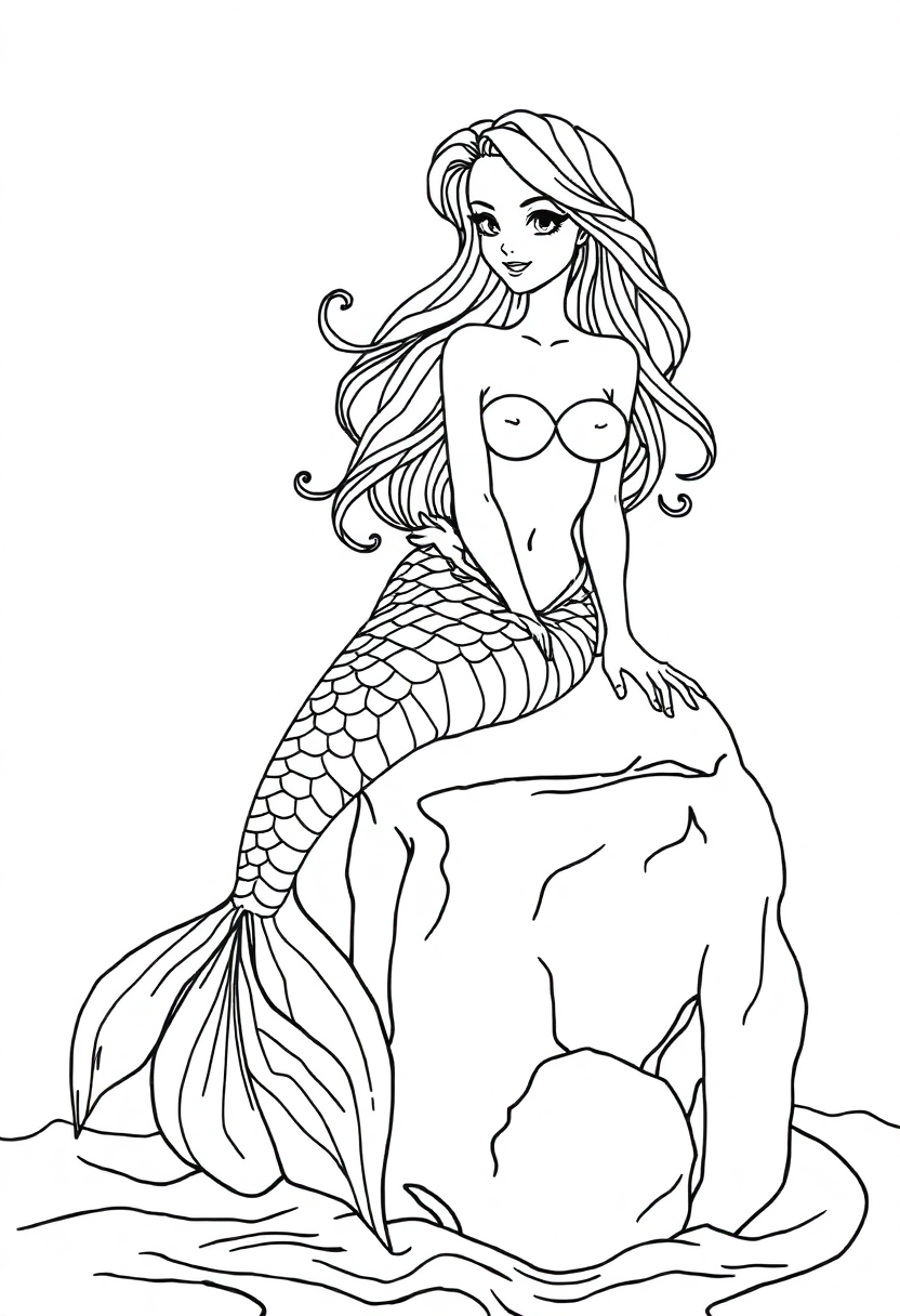 Mermaid Sitting on Ocean Rock coloring page, free printable