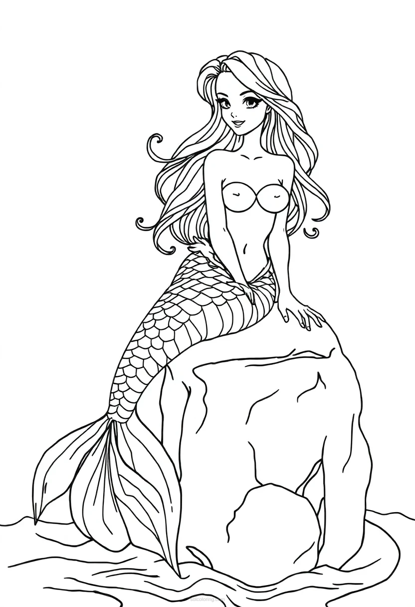 Mermaid Sitting On Ocean Rock coloring pages