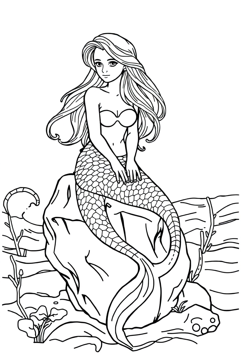 Mermaid Sitting on Ocean Rock coloring page, free printable