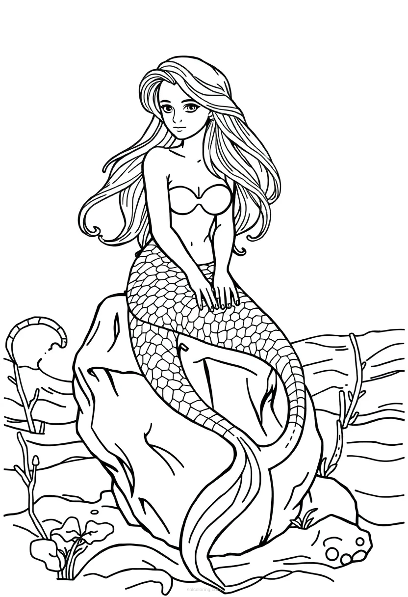 Mermaid Sitting on Ocean Rock coloring page for kids