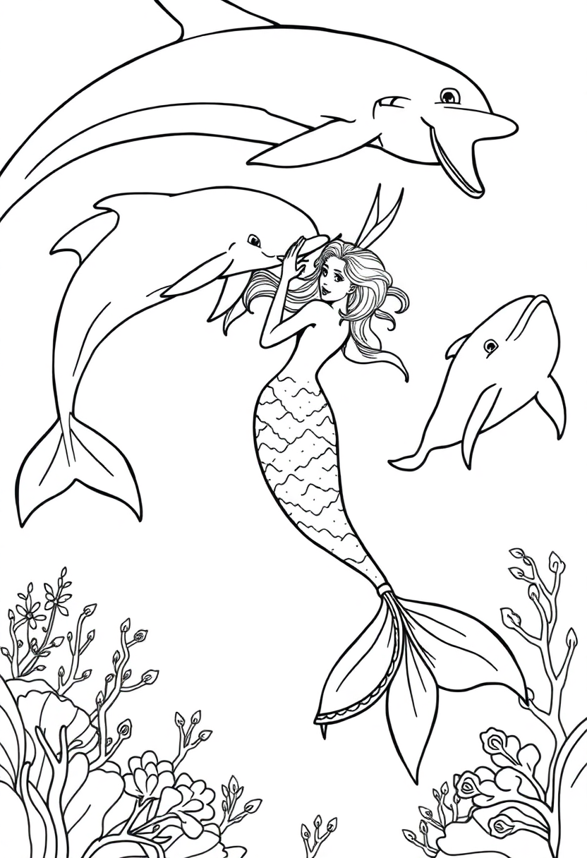 Mermaid Swimming with Dolphins coloring page, free printable