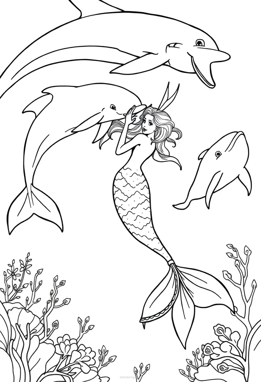 Mermaid Swimming with Dolphins coloring page for kids