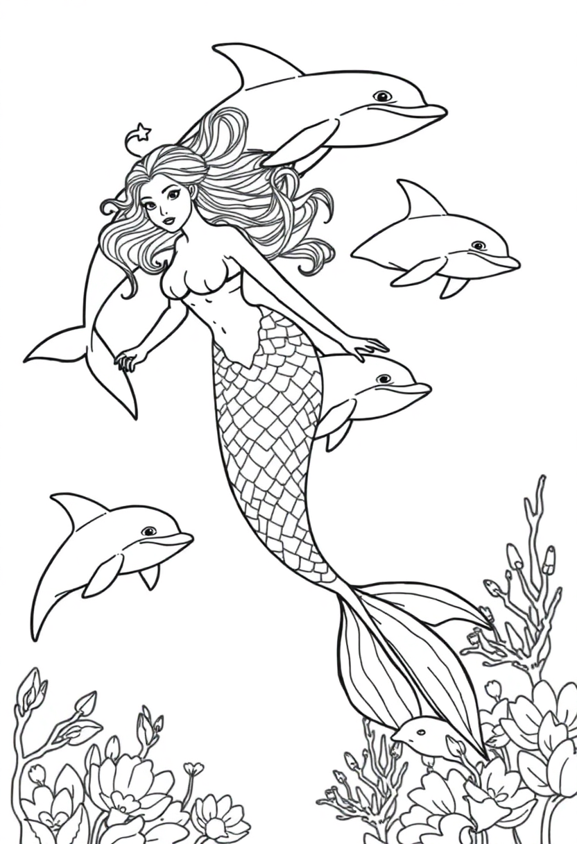 Mermaid Swimming with Dolphins coloring page, free printable