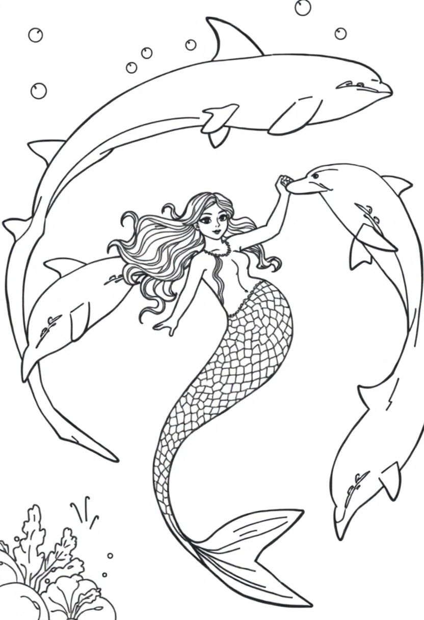 Mermaid Swimming with Dolphins coloring page, free printable