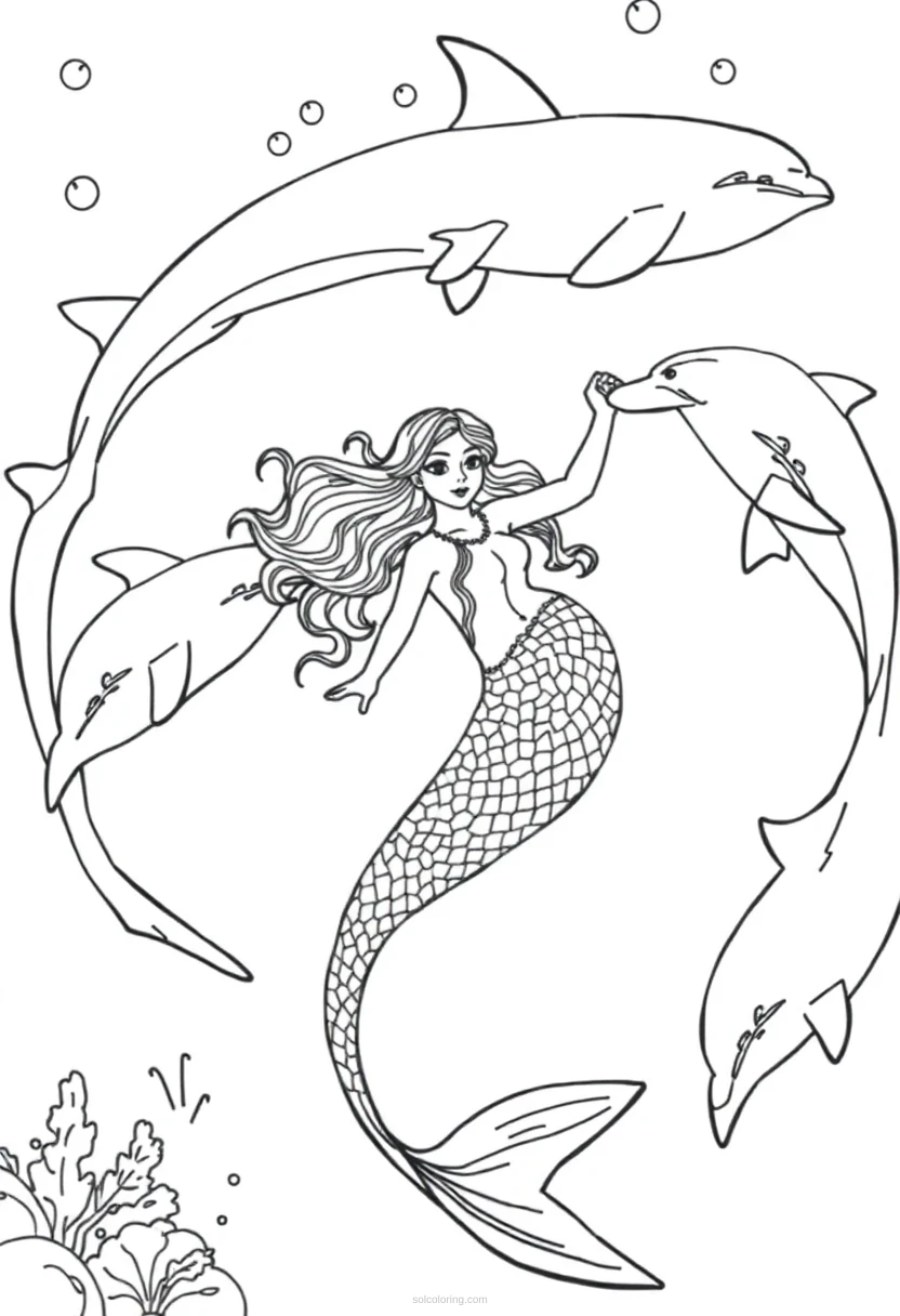 Mermaid Swimming with Dolphins coloring page for kids