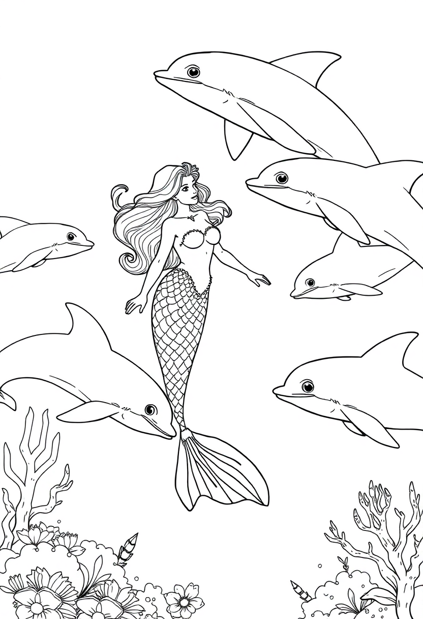 Mermaid Swimming with Dolphins coloring page, free printable