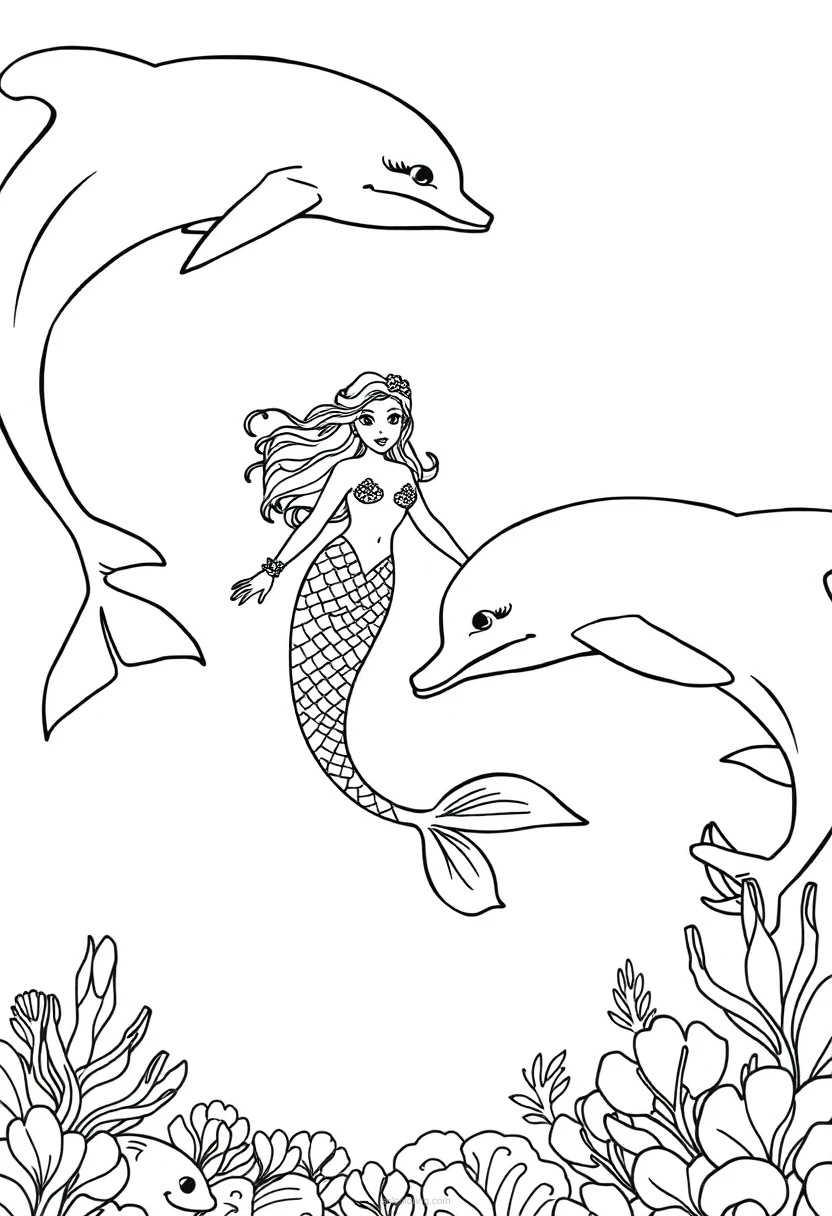 Mermaid Swimming With Dolphins coloring pages