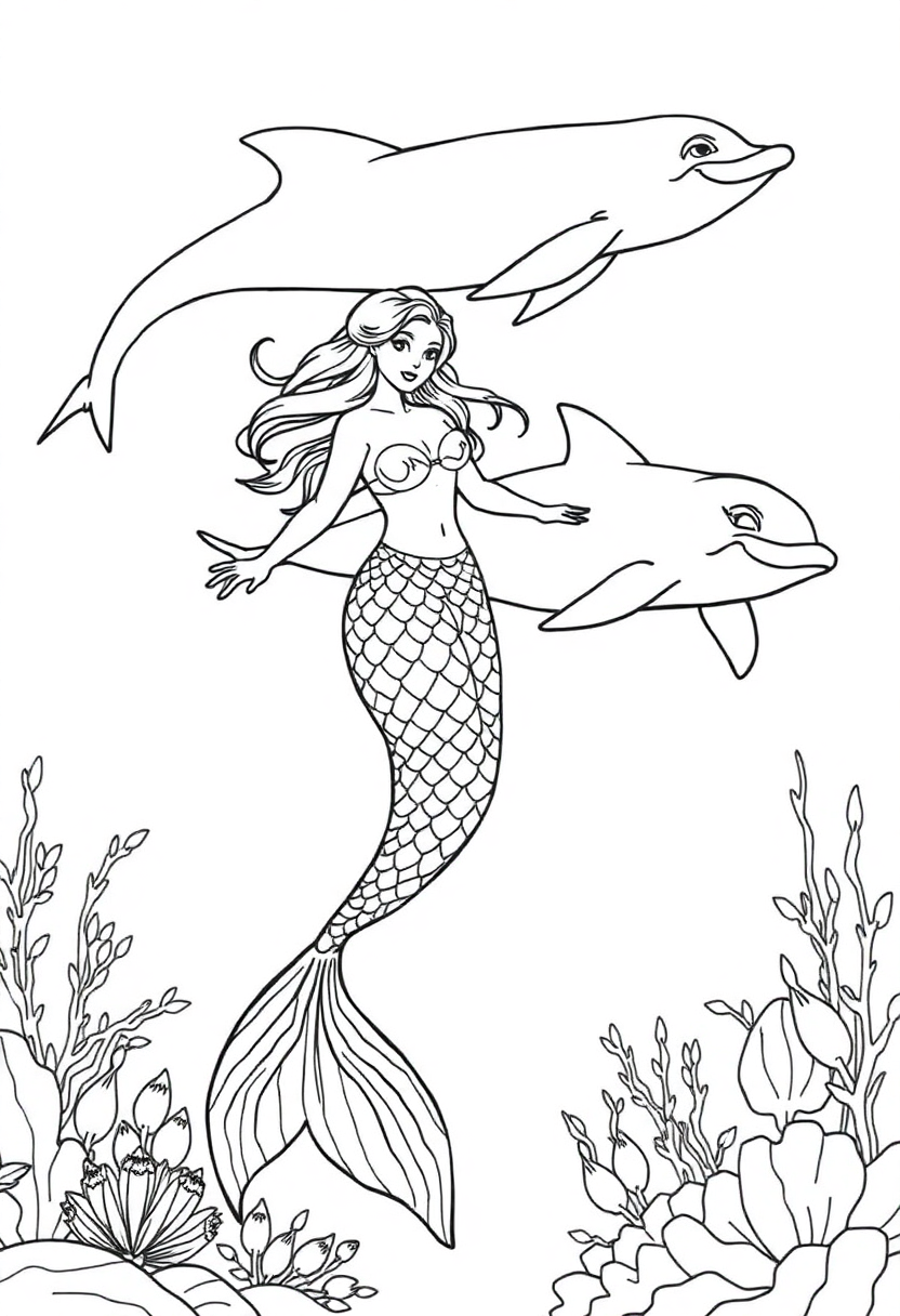 Mermaid Swimming with Dolphins coloring page, free printable