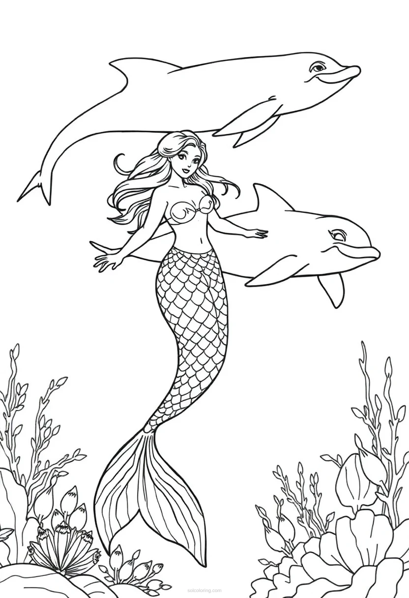 Mermaid Swimming with Dolphins coloring page for kids