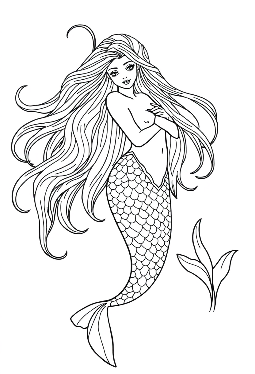 Mermaid with Long Flowing Hair coloring page, free printable
