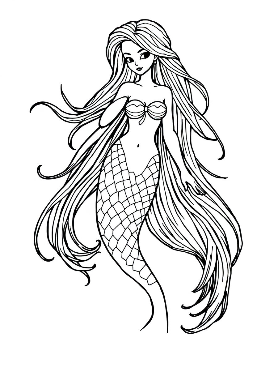Mermaid with Long Flowing Hair coloring page, free printable