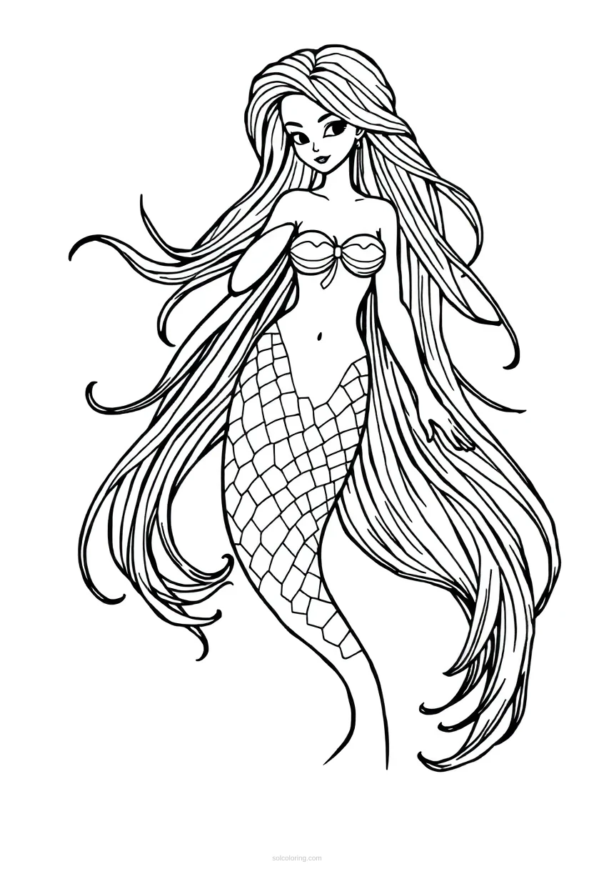 Mermaid with Long Flowing Hair coloring page for kids